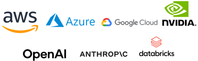 Technology partners: AWS, Microsoft Azure, Google Cloud, NVIDIA, OpenAI, Anthropic, and Databricks